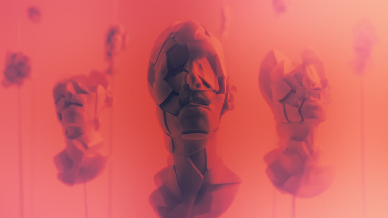Destroyed android heads on spikes on the neon pink background
