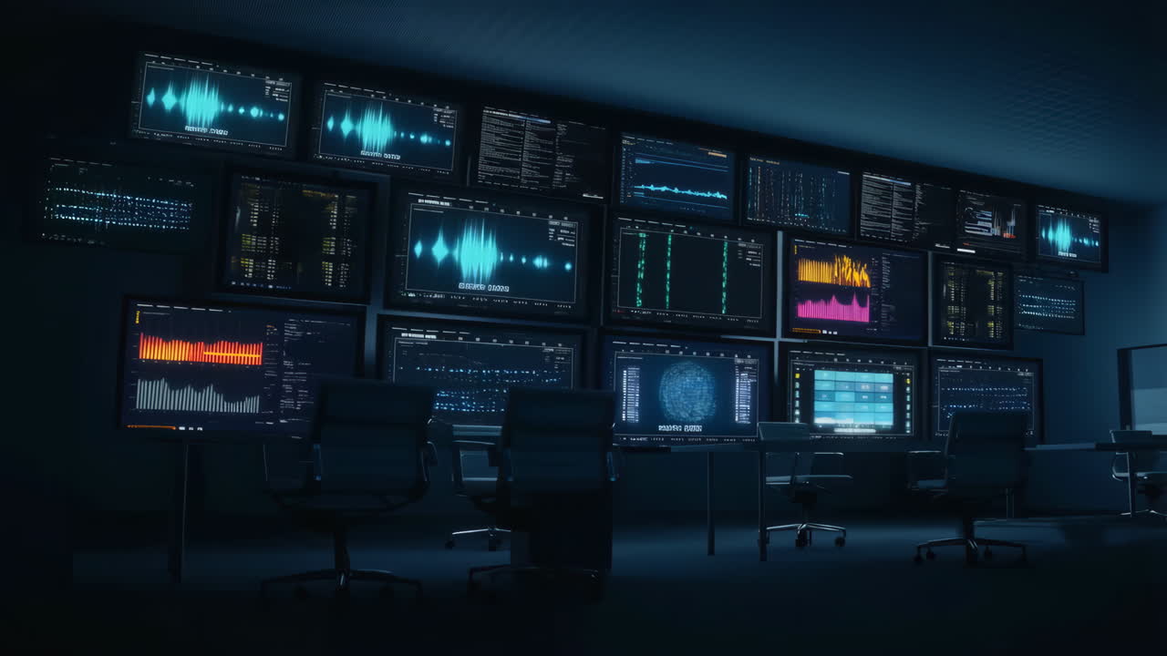 Control Room with Multiple Data Monitoring Screens