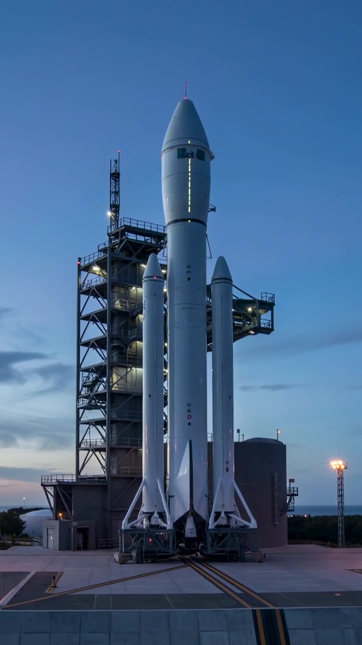 Vertical video: Standing rocket with boosters awaiting launch on pad as twilight triggers lights