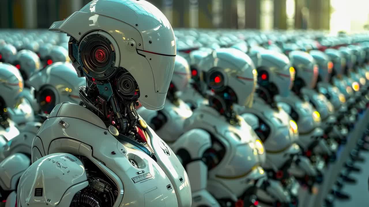 un grupo de robots de pie en una fila en una fábrica