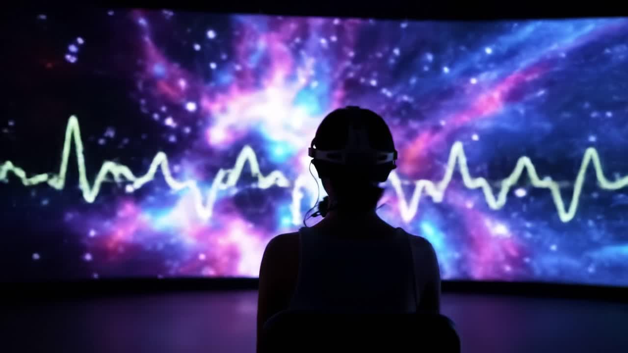 Person using VR headset, immersed in a space simulation
