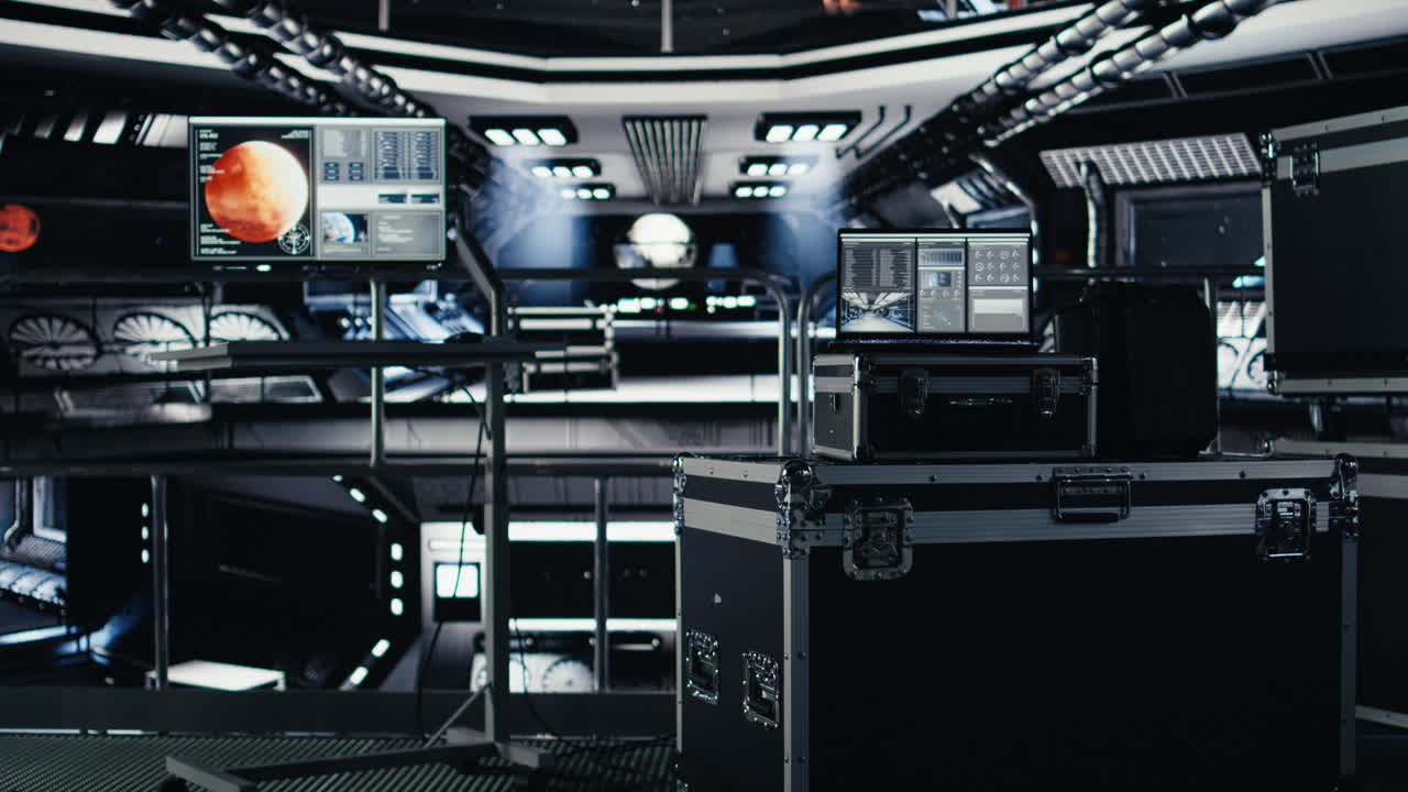 Laptop inside high tech spaceship control bay displaying diagnostics