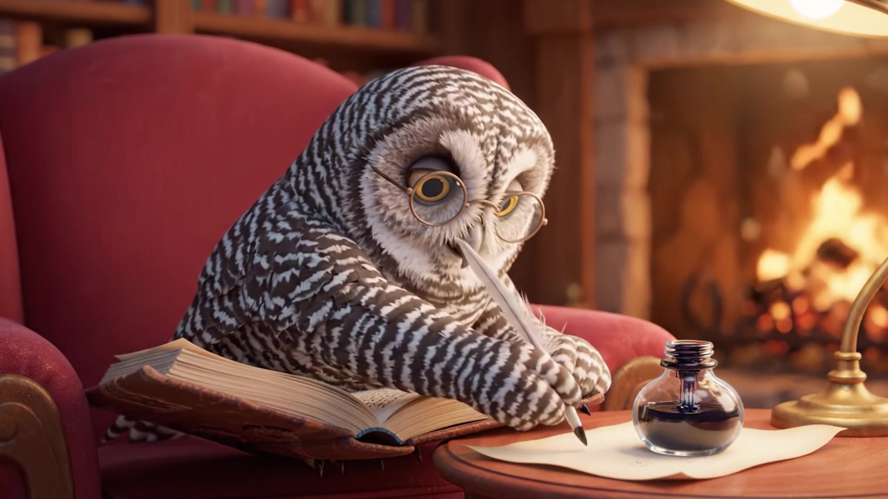Uma coruja enigmática escrevendo junto à lareira: uma cena literária aconchegante apresentando um estudioso emplumado com livros e um tinteiro