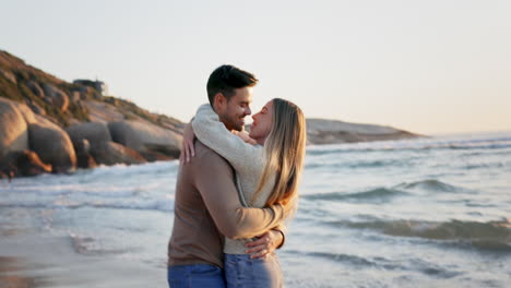 couple hug, beach and freedom with adventure