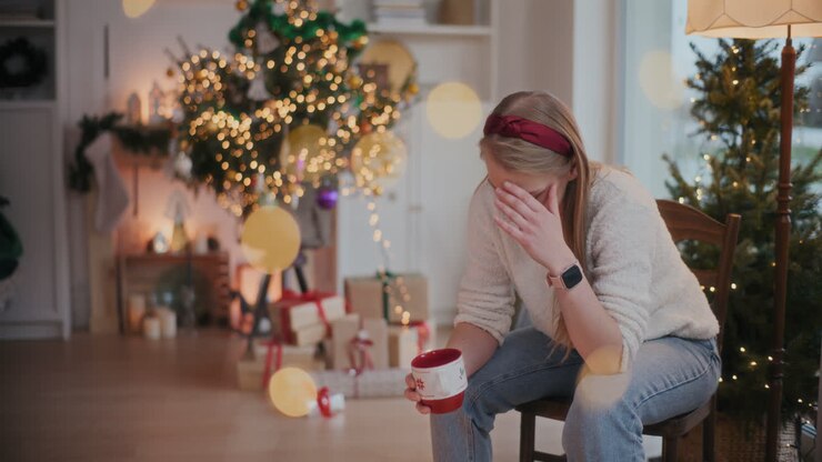 Exhausted woman holding coffee cup on chair during Christmas