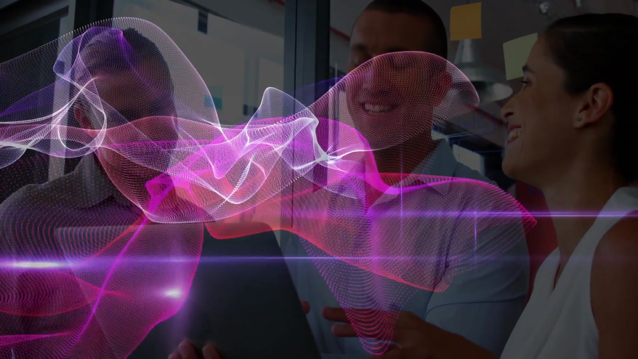 Three colleagues tapping tablet screen and animating pink-white 3D waveform for technology review