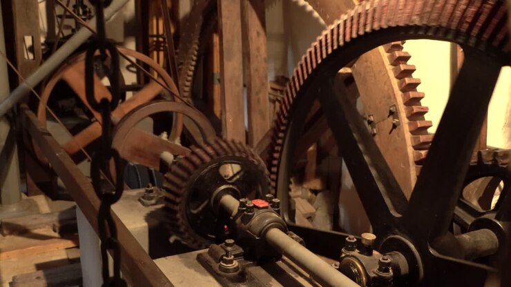 Spinning metal Gear Wheels, Cogwheels in wooden Historical old Mill , warm light handheld closeup shot
