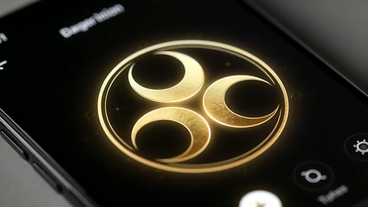 Zooming camera revealing glowing gold emblem on phone in studio to emphasize Design House and icons