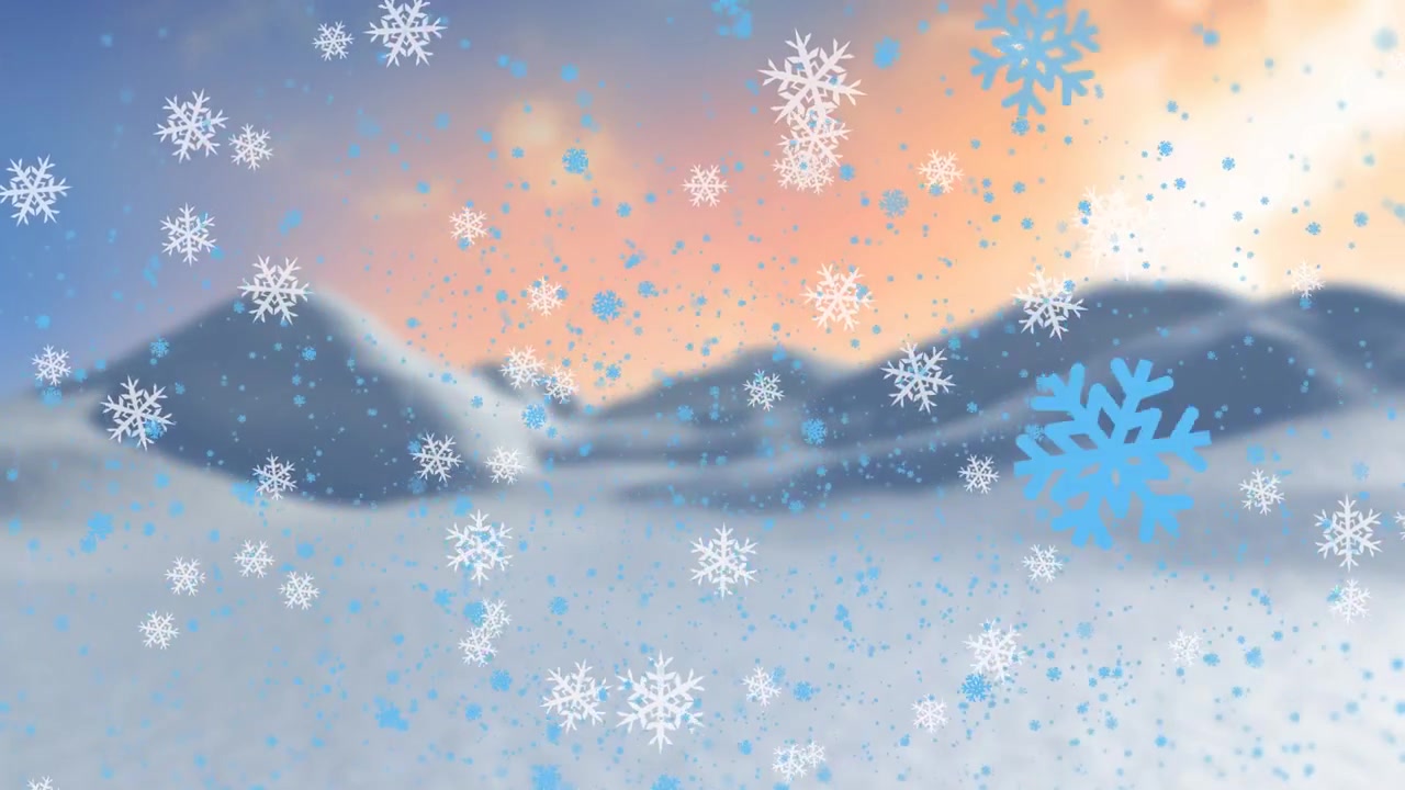 Animazione di fiocchi di neve che cadono su un paesaggio invernale sullo sfondo di un cielo al tramonto