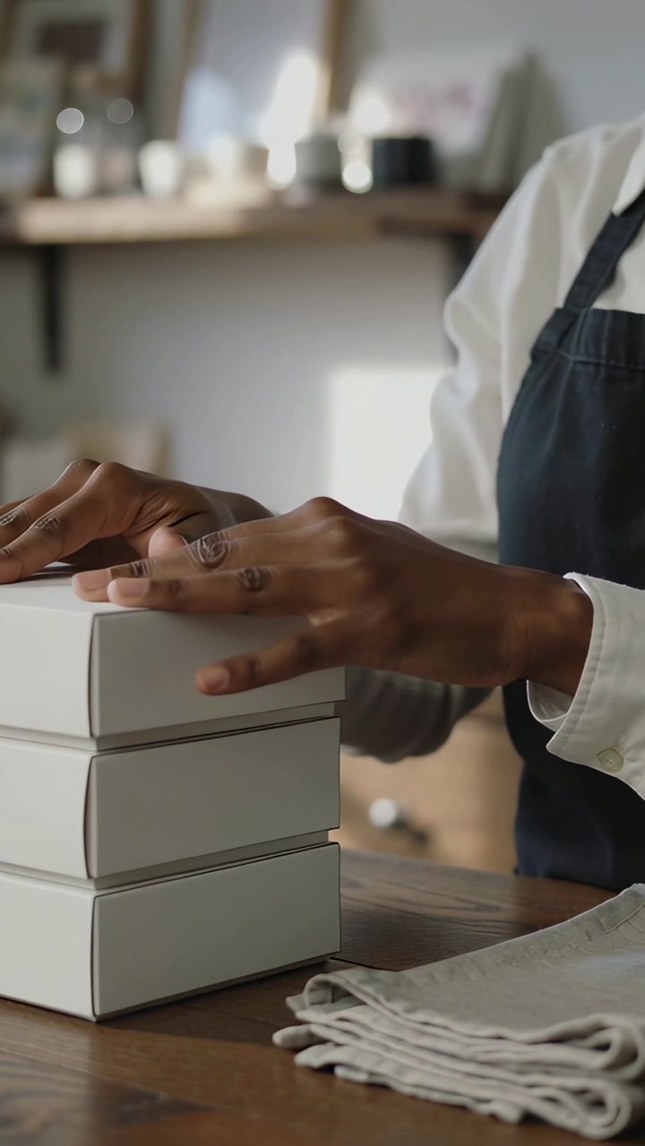 Vertical video: Placing card, woman in apron aligning, pressing lid on box stack at bench for sale