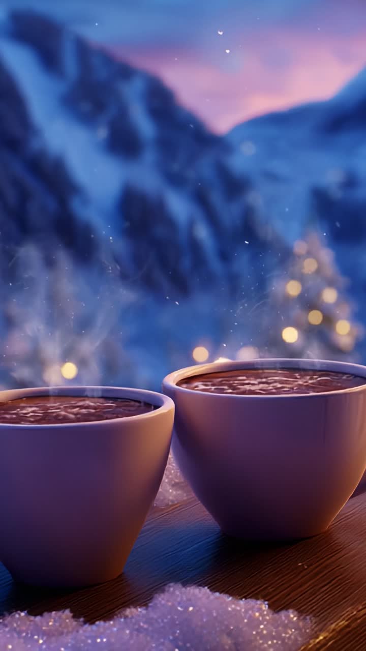 Warm and Inviting Hot Chocolate in Cozy Mugs Against a Beautiful Snowy Mountain Backdrop, Perfect for a Winter Evening with Friends and Family, Creating a Relaxed Atmosphere and Heartwarming Memories
