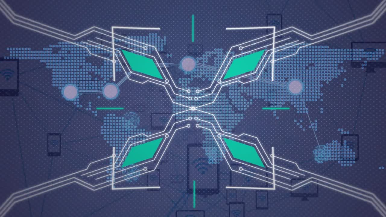 Animation of scope over circuitboard with world map and network of connections, on grey background