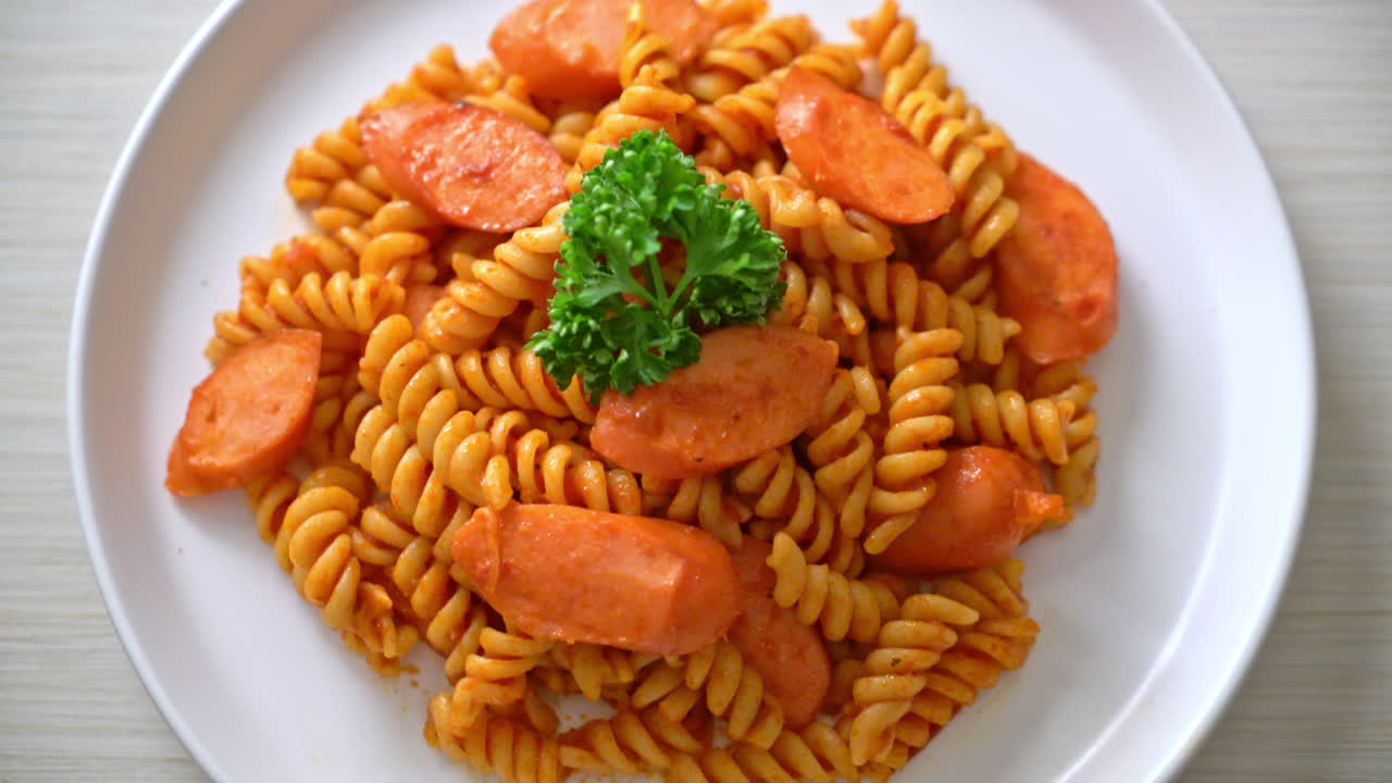 토마토 소스와 소시지를 곁들인 스파이럴 또는 스파이럴리 파스타 - 이탈리아 음식 스타일