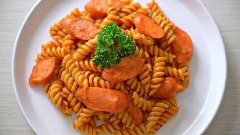 Pasta-En-Espiral-O-Espiral-Con-Salsa-De-Tomate-Y-Salchicha---Estilo-De-Comida-Italiana