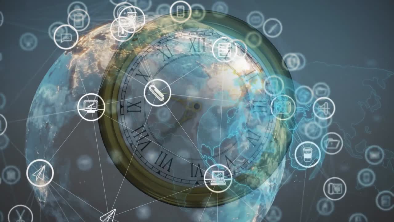 animación del globo con red de iconos de medios y procesamiento de datos durante el reloj