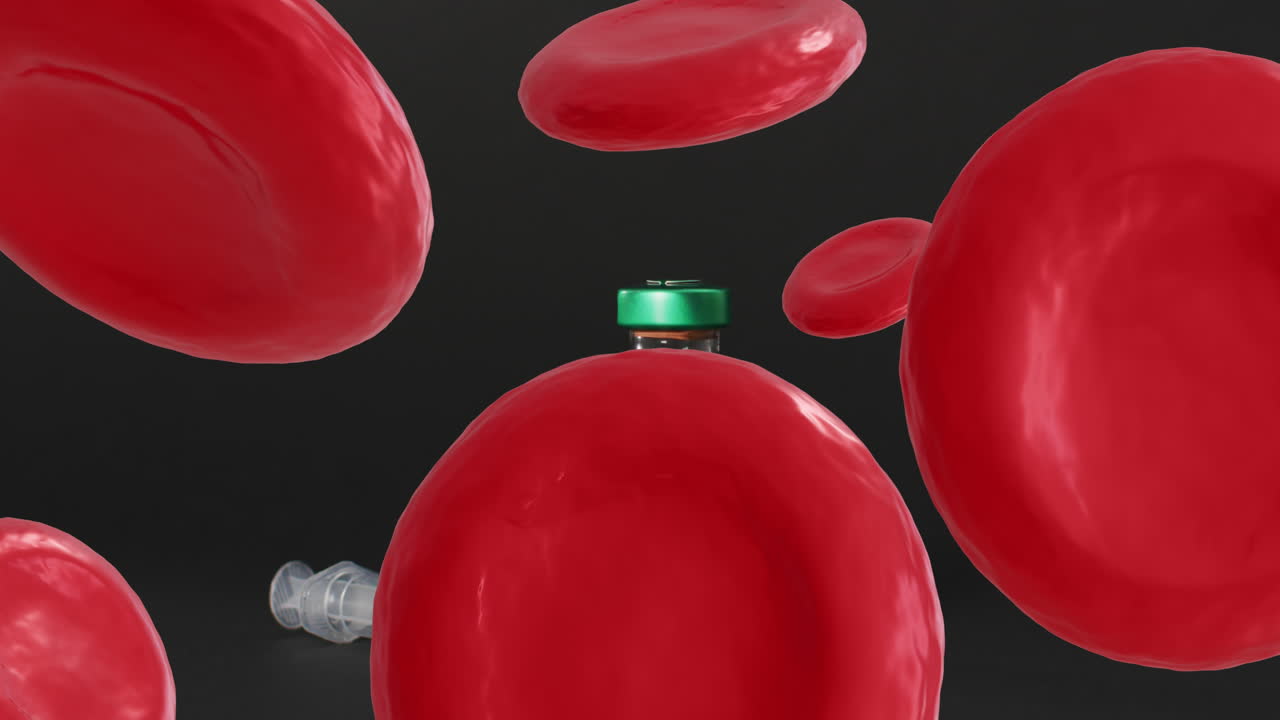 animación de células del cuerpo humano y medicina con jeringa sobre fondo negro