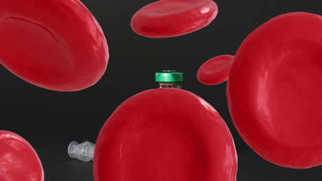 animación de células del cuerpo humano y medicina con jeringa sobre fondo negro