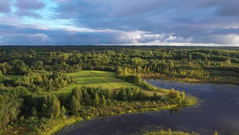 golden hour landscape of meadows forest and lake, aerial over pond