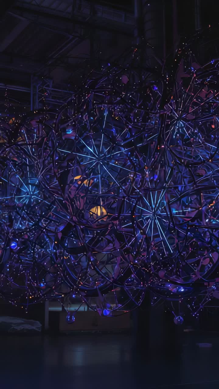 Video verticale: panoramica della telecamera che rivela un'opera d'arte luminosa in metallo sospesa in un corridoio poco illuminato per mostrare lo spostamento dei LED