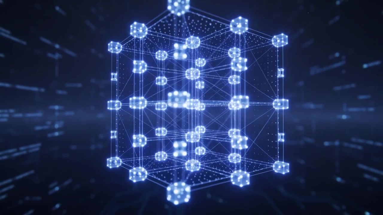 Drifting spark cloud forming wire cube, pulsing nodes activating net, dispersing into data corridor