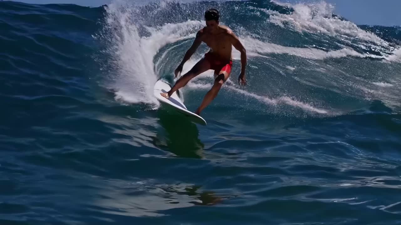 Dynamic video still of a surfer riding a wave, captured from a low side angle
