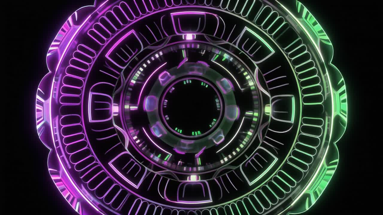 Motivo animato astratto di cerchi al neon su sfondo nero