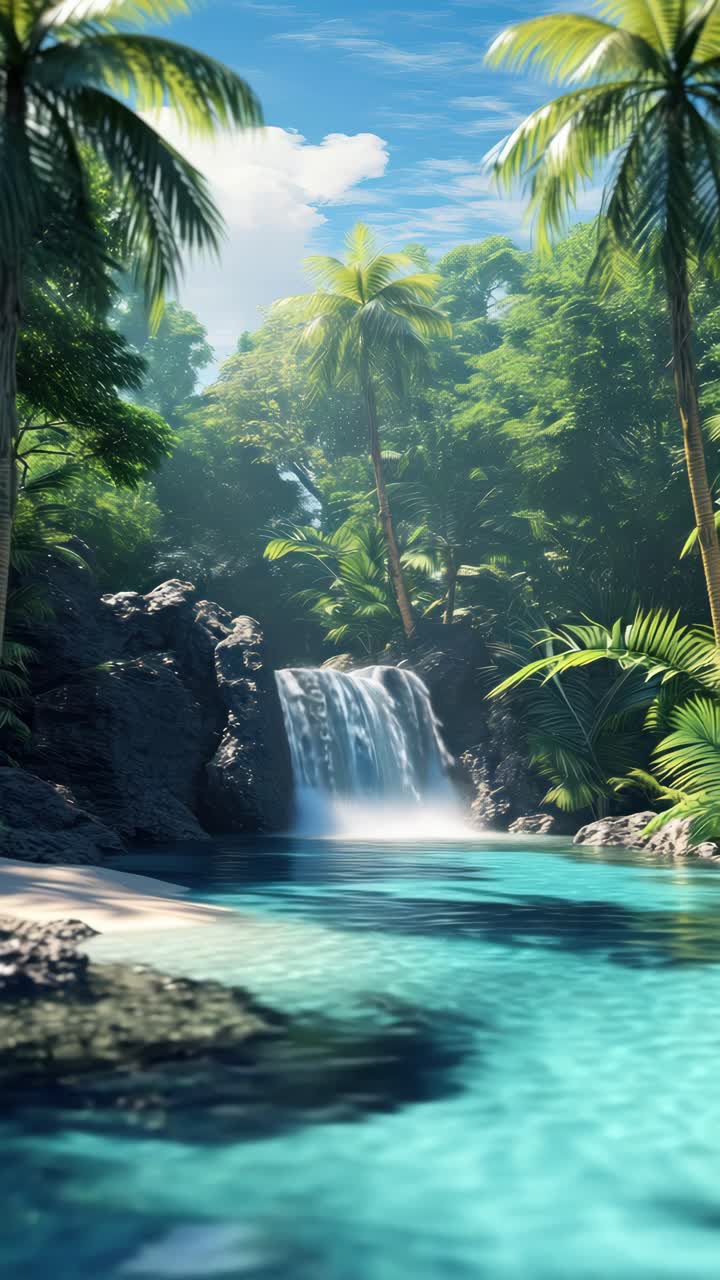 Una serena scena tropicale di una cascata ripresa da una bassa angolazione, perfetta come sfondo rilassante per un video