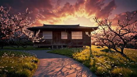 japanese wooden house in a spring garden at sunset