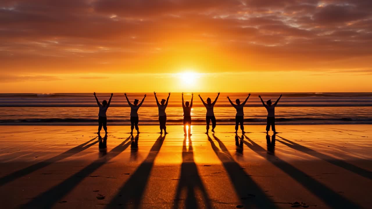 A Serene Sunset at the Beach: A Group of Friends Celebrating Life and Unity While Casting Long Shadows on the Golden Sand as the Day Comes to a Close