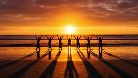 a serene sunset at the beach: a group of friends celebrating life and unity while casting long shadows on the golden sand as the day comes to a close