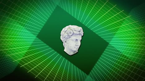 animation of antique sculpture head with glitch moving over grid on multi coloured background