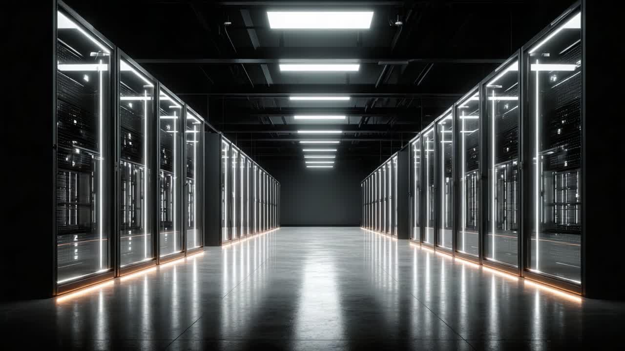 A Modern Data Center Featuring Rows of Server Racks with Sleek Glass Enclosures and Illuminated Pathways in a High-Tech Environment