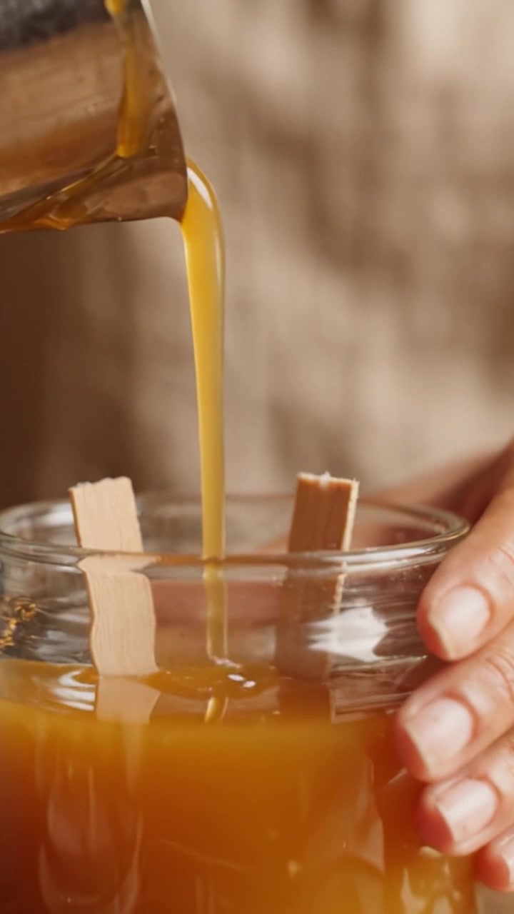 Creazione di una splendida candela artigianale: versare la cera in un barattolo con stoppini in legno per un'esperienza di fabbricazione di candele artigianali.