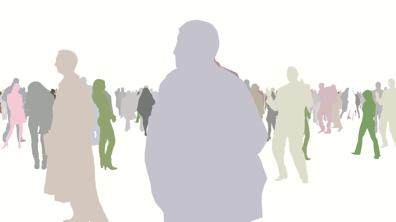 멀리 있는 안개 속으로 사라지고 흰색 격리된 배경에서 수평선 수준에서 보고 움직이는 화려한 대중 군중 속으로 이동하는 패닝 카메라