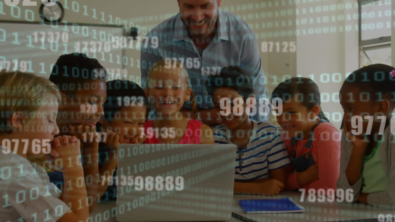 Binary coding data processing against group of male teacher and students using laptop