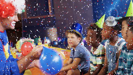 confetti animation over children watching clown at birthday party