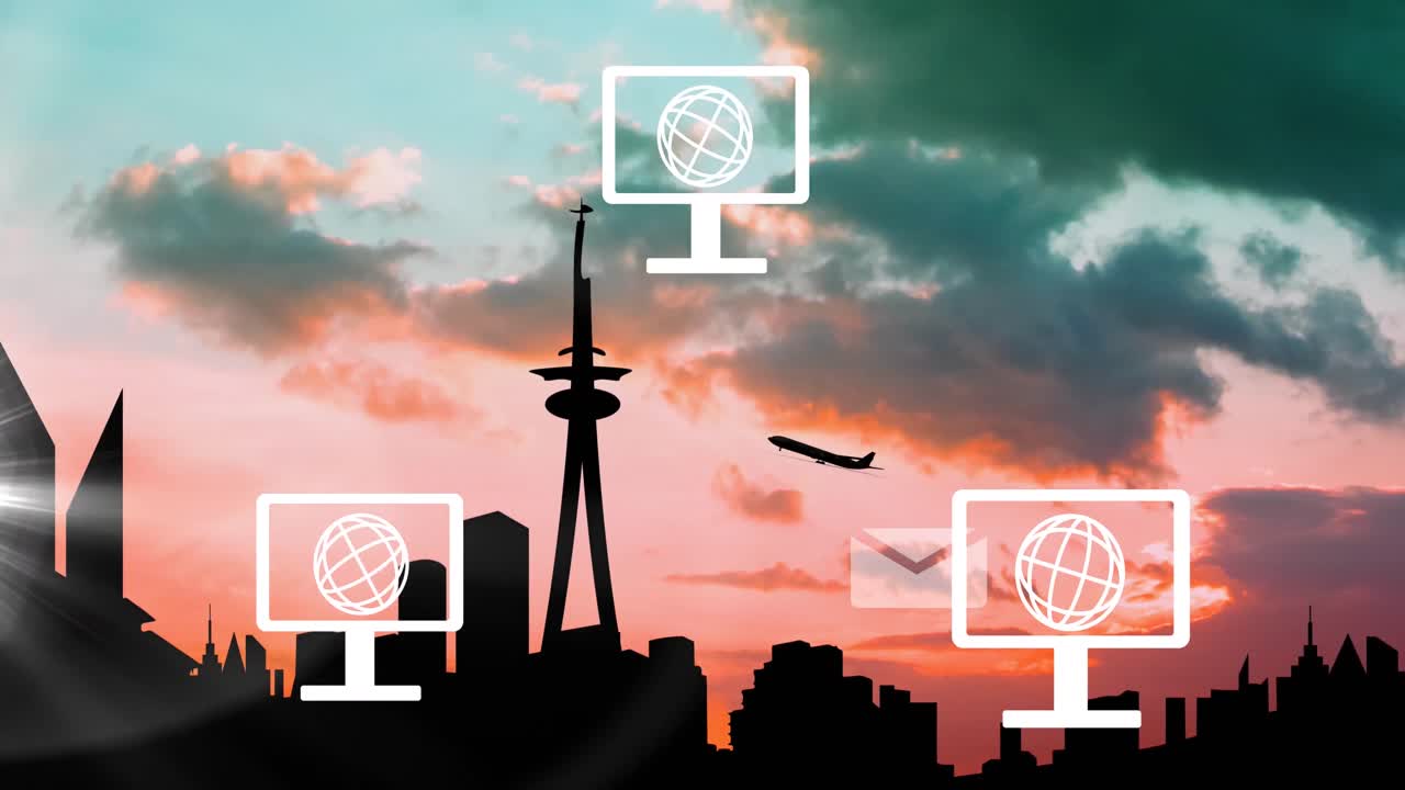 아이콘, 연결 및 데이터 처리를 풍경 위에 애니메이션