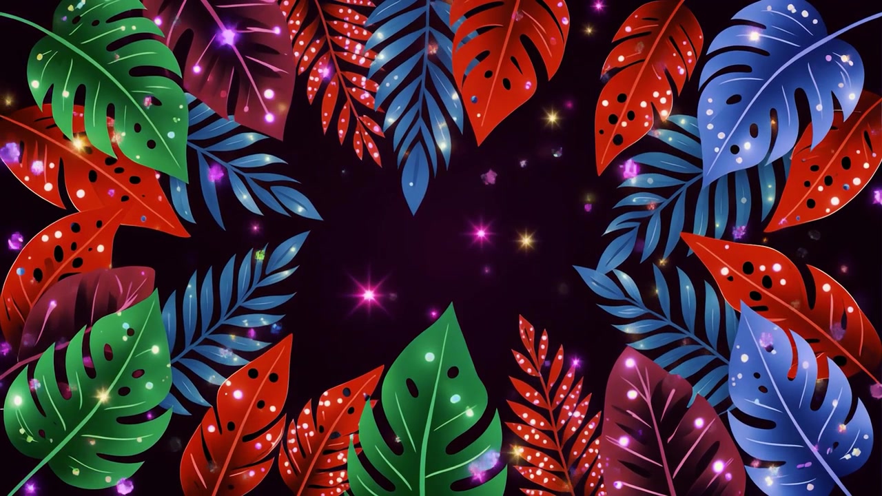 Animated Tropical Leaves Frame with Glowing Particles and Vibrant Colors