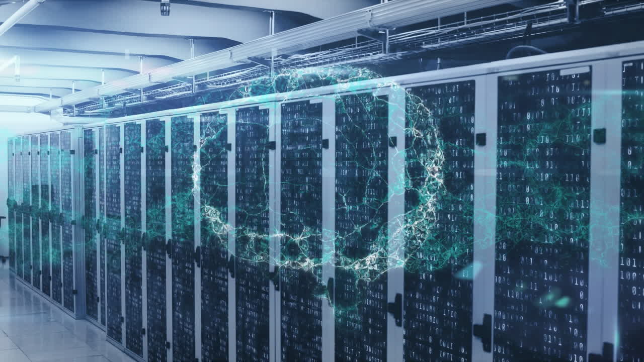 Animation of human brain icon spinning and data processing against computer server room