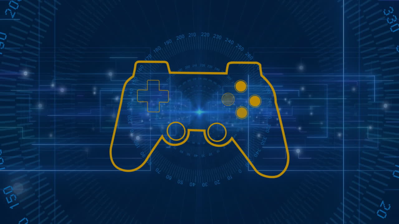 Animation showing game controller outline on digital circuit with blue glowing effects