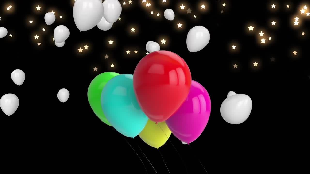 Animazione di palloncini colorati che volano sopra le stelle su sfondo nero.