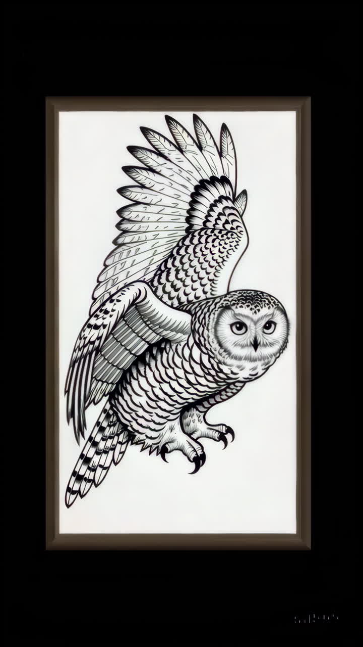 Black and White Owl Illustration with Spread Wings