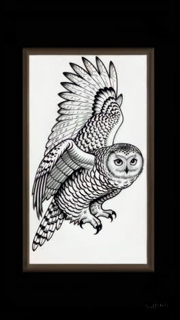 black and white owl illustration with spread wings
