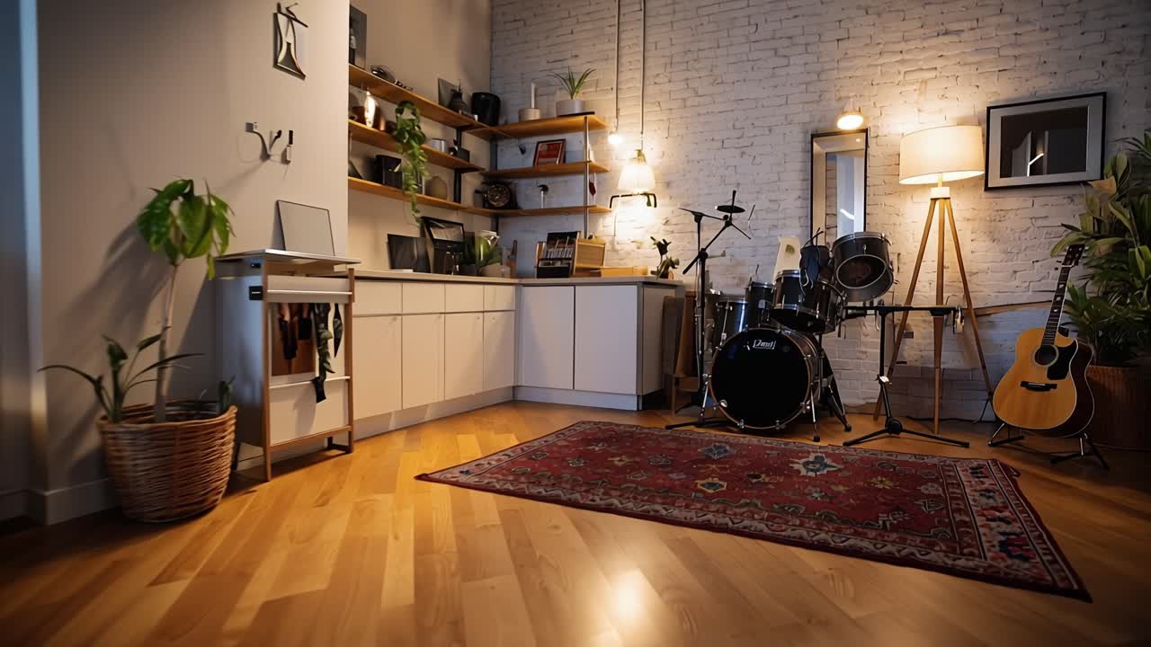 Cozy bedroom with modern industrial decor. Warm lighting highlights wooden floors and textured walls. Bed sits centered, framed by art and green plants. Guitar and shelves suggest creative lifestyle