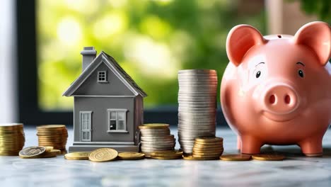 a piggy bank sitting on top of a pile of coins next to a small house