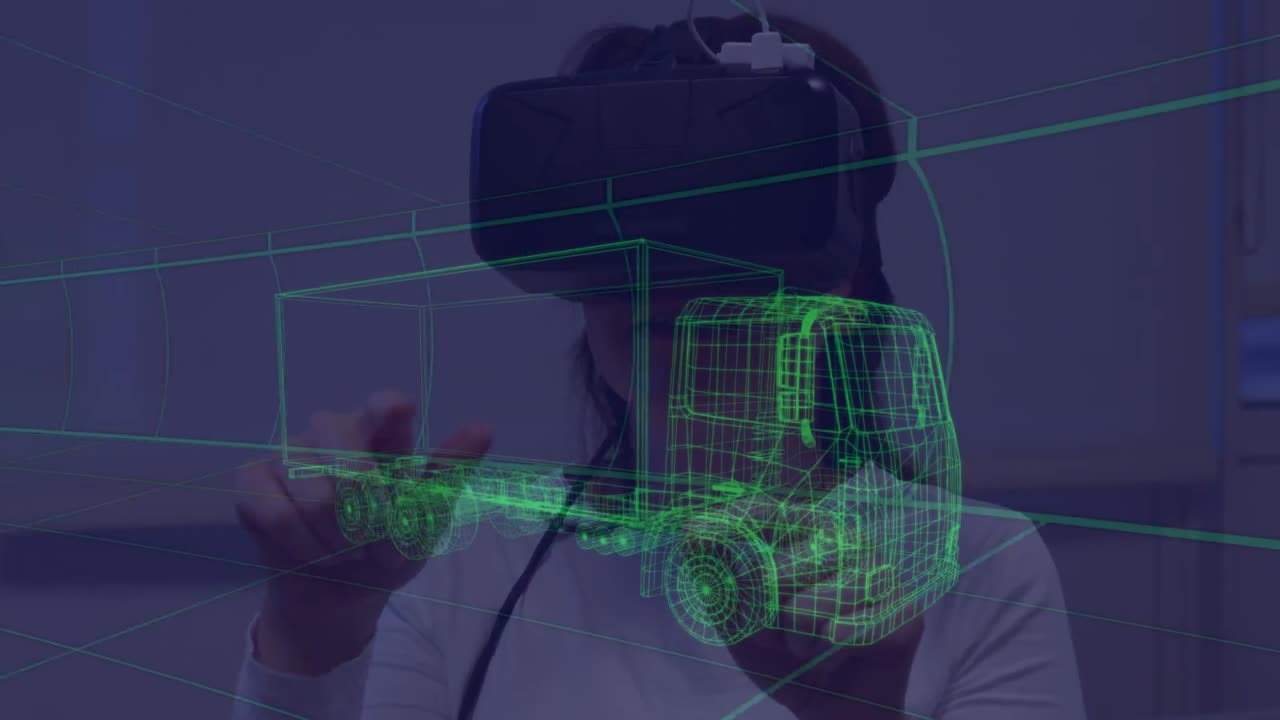 Animation of 3d car drawing over woman wearing vr headset