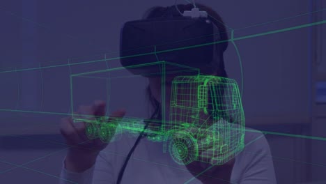 animación de un dibujo de coche en 3d sobre una mujer con auriculares vr