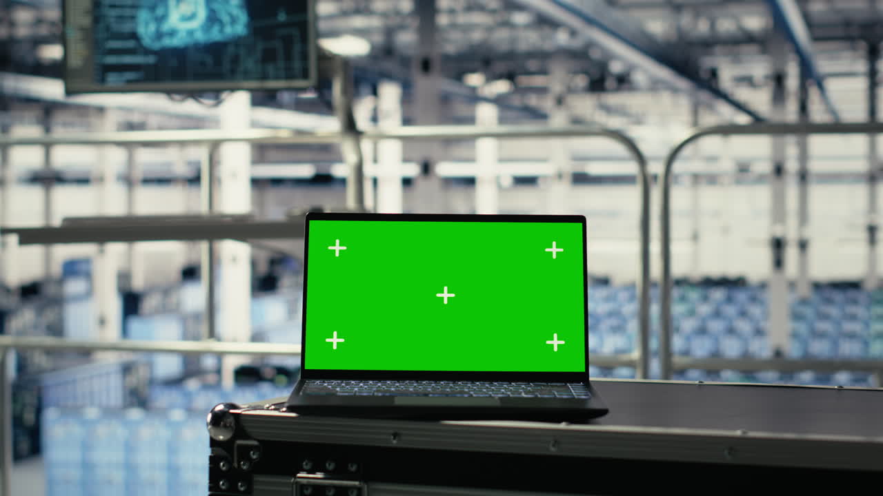 Close Up Of Green Screen Laptop In Server Hub With Hardware Supporting Ai