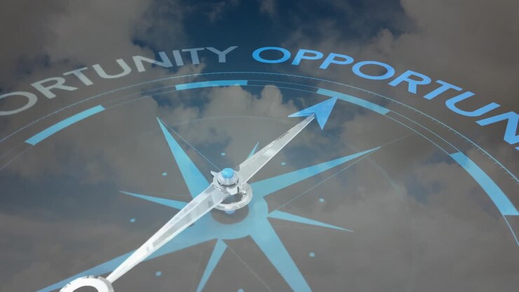 Compass pointing towards opportunity with animation over cloudy sky background