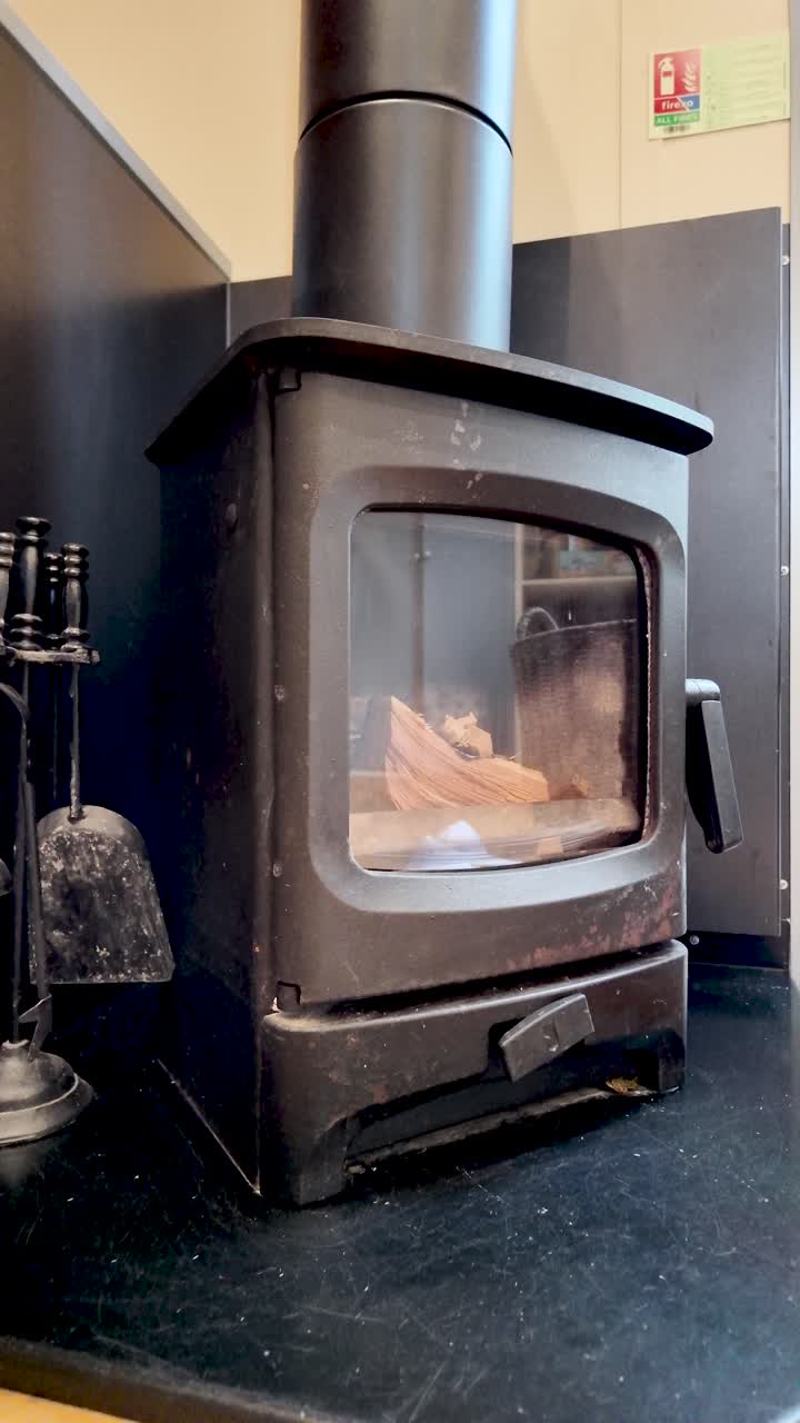 Modern wood burning stove heating an interior with a log burning inside. vertical video